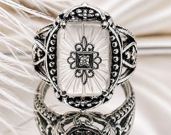 Ring van Sunburst-kamferglas, maat 7 | Versierde ring inzet witte zirkonia filigraan sterlingzilver 925 [wordt nu verzonden] Victoria's Crown Design #142e