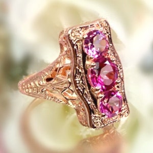 Natürlicher Rosa Ring / Runde 3 Edelsteine mit Edwardian Rose Gold überzogenem Sterlingsilber, 10k oder 14k Filigran [Made to Order] Design#60