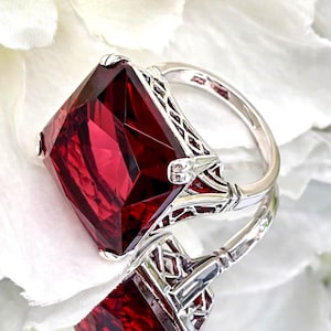 Ruby Ring • Sterling 925 Silver • 20ct Large Square Cut Simulated Red Bling Gemstone • Vintage Art Deco Revival • Made To Order • Design#1
