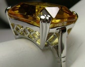 Yellow Citrine Ring Solid Sterling Silver 20ct Huge Square Cut Simulated Yellow Citrine, Vintage Art Deco Filigree Custom Made Design 1