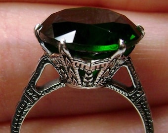 Emerald Ring/ Solid Sterling Silver/ 6ct Round Cut Green Emerald Edwardian 1910 Etched Filigree [Custom Made] Design#37