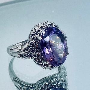 Natural Amethyst Ring Size 9/ Solid Sterling Silver/ 5ct Oval, Silver Butterfly Floral Filigree [In Stock] Design#79