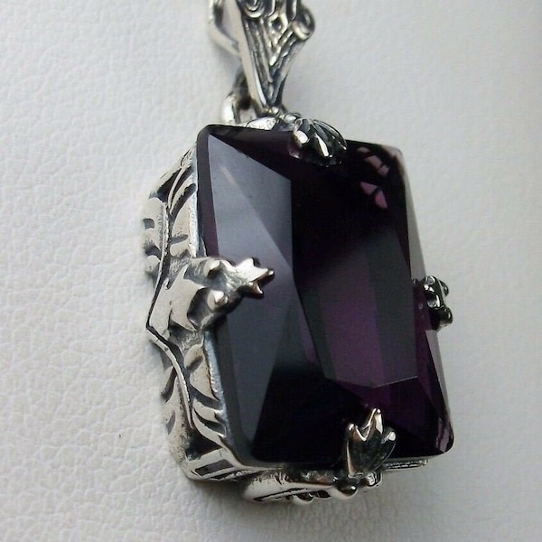 Amethyst Pendant/ Solid Sterling Silver/ 10ct Simulated Purple Amethyst Sterling Silver Filigree Art Deco Necklace [Custom Made] Design#P15