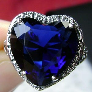 Blue Sapphire Ring / Simulated 10ct Heart Gem with Sterling Silver Victorian & Gothic Filigree [Custom Made] Design#59