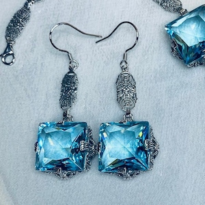 Aquamarine Blue Earrings/ 925 Sterling Silver/ Simulated Aquamarine Victorian Long Filigree Earrings [Custom Made] Design#E77