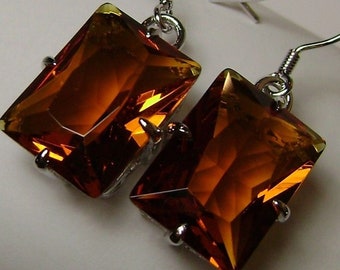 Orange Citrine Earrings/ Solid Sterling Silver/ 16ctw Rectangle Simulated Orange Citrine Dangle Drop Filigree Earrings [Custom Made] #E37