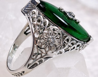 Embellished Glass Ring • Marquise Emerald Green Cross Inset Gem • Sterling Silver Ornate Filigree • Made To Order • Edwardian Design#236