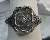 Camphor Glass CZ Solid Sterling Silver Art Deco Design Filigree Ring Size Made To Order 204