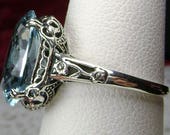 6ct Sim Blue Aquamarine Gemstone Solid Sterling Silver Flower Deco Edwardian Antique Design Floral Motif Filigree Ring Made To Order 70