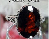 Natural Garnet Ring Solid Sterling Silver 7ct Oval Natural Garnet Floral Art Deco Edwardian Filigree Made To Order Design 70
