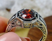 Red Garnet CZ Ring Solid Sterling Silver 2ct Red Garnet Cubic Zirconia Floral Art Deco Eiffel Filigree Size 9 Ring In Stock Design 240