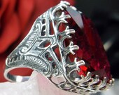 30ct Rectangle Simulated Red Ruby Art Deco 1920s Sterling Silver Filigree Ring Size Made To Order Design 215