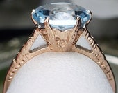 2.2ct Natural Sky Blue Topaz Sterling Silver Rose Gold Edwardian 1910 Etched Filigree Ring, Made To Order (Design 37)