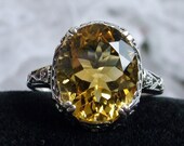 Natural Citrine Ring Solid Sterling Silver 3.3ct Oval Natural Yellow Citrine, Floral Edwardian Filigree Custom Made Design 70z