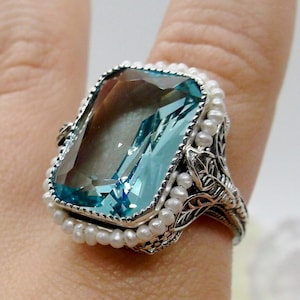 Aquamarine Blue & Pearl Ring Sterling Silver/ Rectangle Simulated Gem w/Seed Pearl Victorian Leaf Filigree [Made To Order] Design#234