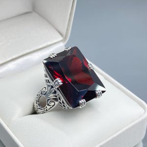 Garnet CZ Ring | 925 Sterling Silver | Big 30ct Rectangle Red Cubic Zirconia Gem Art Deco 1930&#39;s Filigree [Custom Made] Design#104