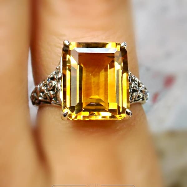 Natural Citrine Ring/ Solid Sterling Silver/ 5ct Emerald Cut Yellow Citrine Victorian Filigree [Made To Order] Design#18