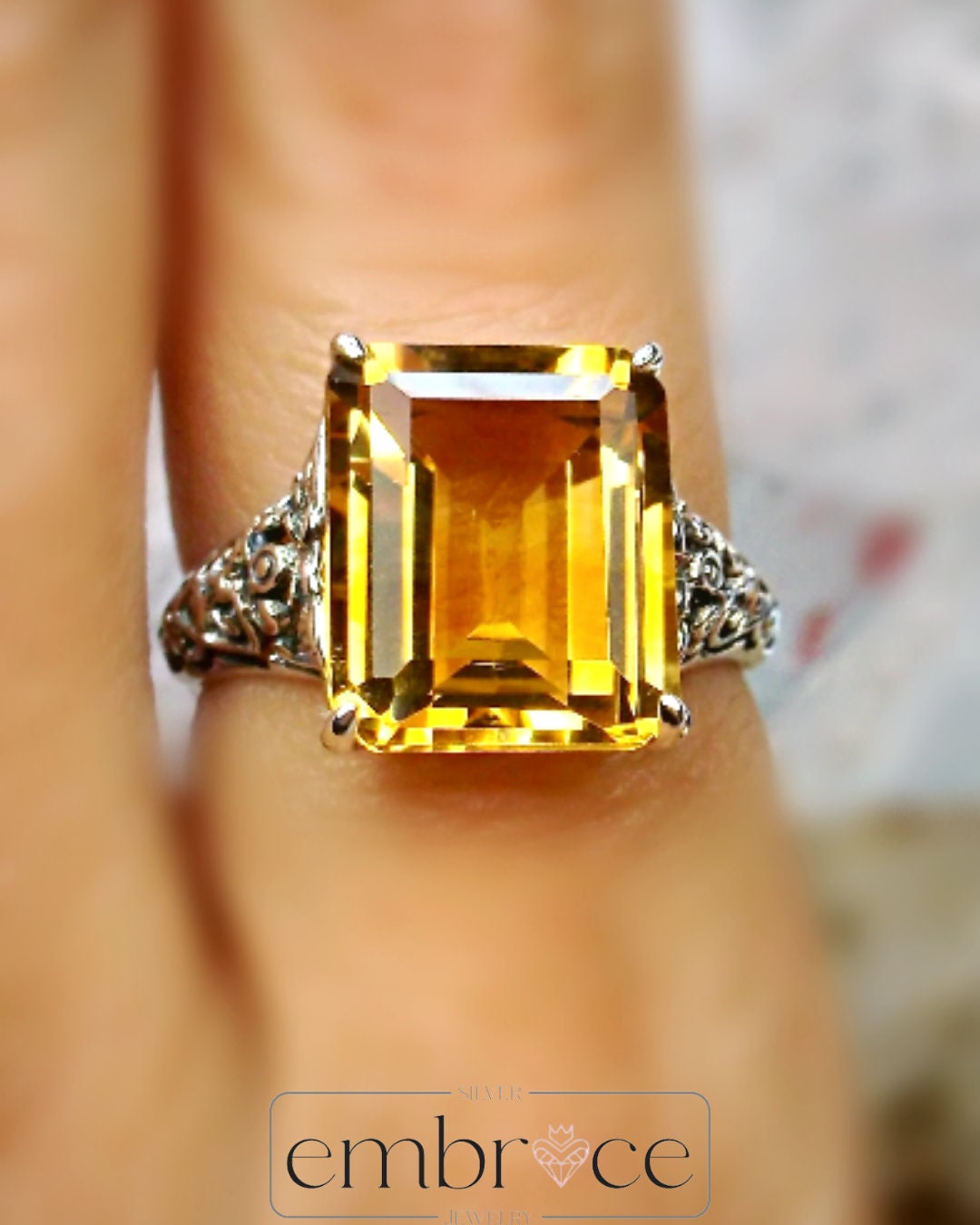 Jewelryonclick Genuine 5 Carat Citrine Silver Adjustable Rings for