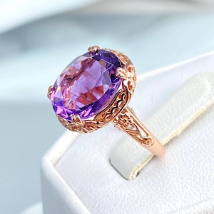 Natural Amethyst Ring - Oval Cut 3.32ct Amethyst with Rose Gold plated Sterling Silver Floral Edwardian Filigree [Custom Made] Design#70z