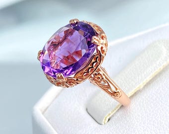 Natürlicher Amethyst Ring - Oval Cut 3.32ct Amethyst mit Rose Gold überzogenem Sterlingsilber Floral Edwardian Filigree [Spezialanfertigung] Design # 70z