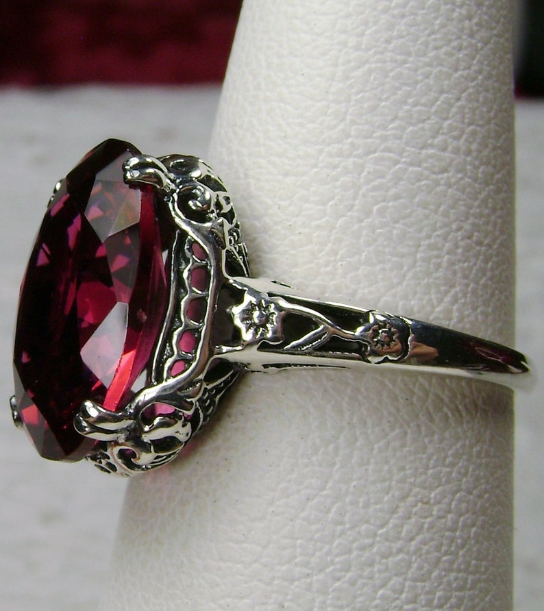 Red Ruby Ring/ Solid Sterling Silver/ 6ct Simulated Red Ruby, Floral Art Deco Edwardian Filigree [Custom Made] Design#70 