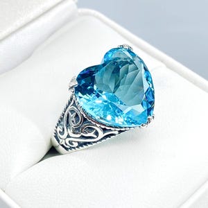 Aquamarine Blue Ring/ Sterling Silver/ 10ct Simulated Aquamarine Gothic Heart Claw Filigree [Custom Made] Design#132