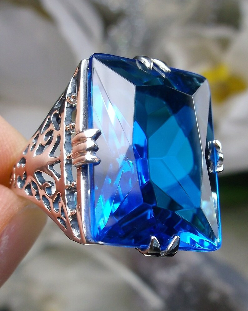 Blue Topaz Ring Sterling Silver 30ct Rectangle Swiss Blue Topaz Vintage