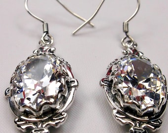 Pendientes de circonita blanca/plata de ley 925/circonita cúbica blanca ovalada, filigrana victoriana de flor de lis [hechos a medida] Diseño n.° E18