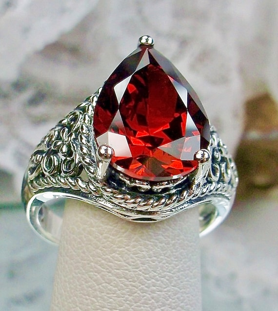 Sterling Silver Filigree Garnet Teardrop Pear Ring Sterling Silver Filigree Garnet Teardrop Pear Ring