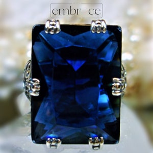 Sapphire Ring | 925 Sterling Silver | Big 30ct Rectangle Simulated Blue Sapphire Art Deco 1930s Style Filigree [Custom Made] Design#104