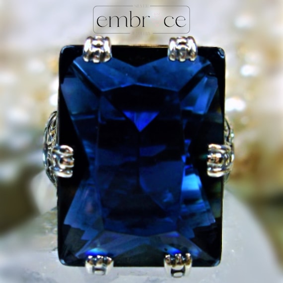 Bague Artisanale En Argent 925 Avec Saphir Bleu - Taille 6, Pierre En Poire, Création Labo