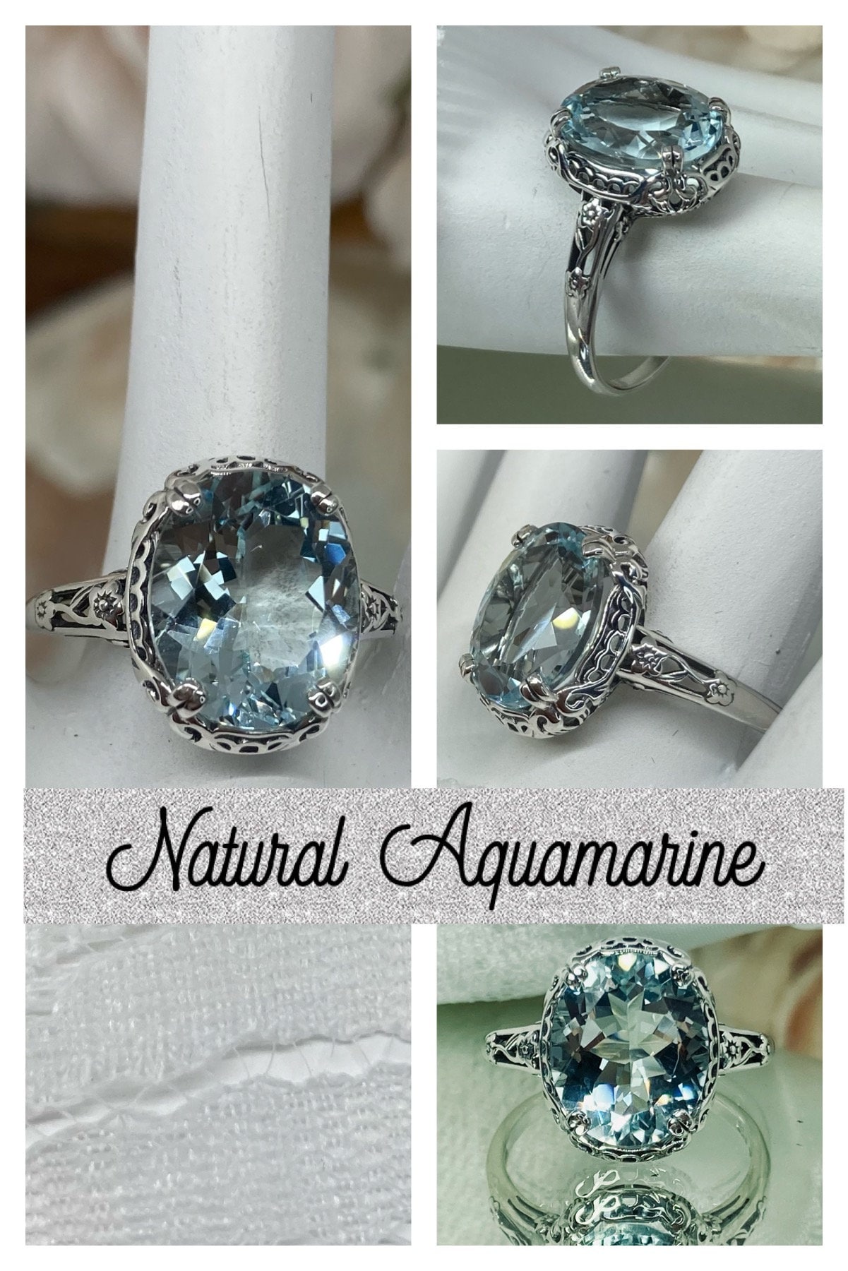 SIM AQUAMARINE ANTIQUE STYLE 925 STERLING SILVER ART DECO RING SIZE 7.75 #913 