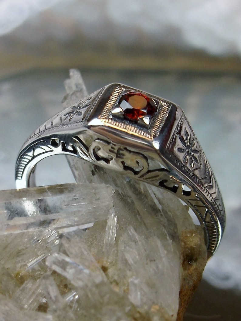 Natural Garnet Wedding Ring, Rose Gold Plated Silver or Gold/ Natural Gemstone Antique Art Deco Filigree Made To Order Design155 No Plating