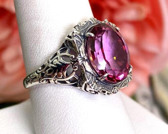 Bague Topaze Rose, émeraude Et Améthyste Créée En Labo - Plaqué Argent, Taille 9, Modèle R10123