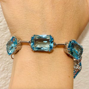 Aquamarine Blue Bracelet Sterling Silver Adjustable | Simulated Sky Blue Gemstones Vintage Ornate Floral Filigree Jewelry [In Stock] B109