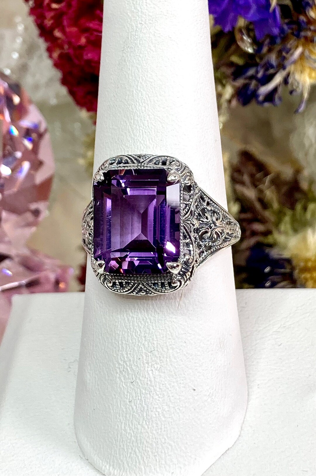 Natural Amethyst Ring Sterling Silver 5ct Rectangle Purple Natural, Victorian Floral Autumn Filigree custom Made Design200 - Etsy Natural Amethyst Ring Sterling Silver 5ct Rectangle Purple Natural, Victorian Floral Autumn Filigree custom Made Design200 - Etsy