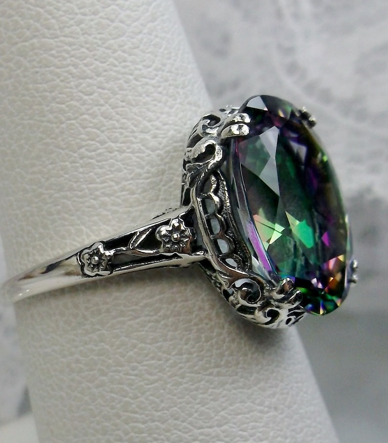 Rainbow Mystic Ring/ Sterling Silver/ 6ct Oval Mystic Topaz Gemstone Floral Edwardian Antique Filigree Custom Made Design70 image 2