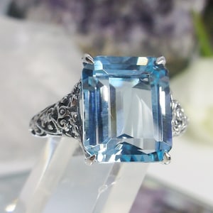 Natural Sky Blue Topaz Ring/ Sterling Silver/ 7.24ct Emerald Cut Natural Sky Blue Topaz Victorian Filigree [Made To Order] Design#18
