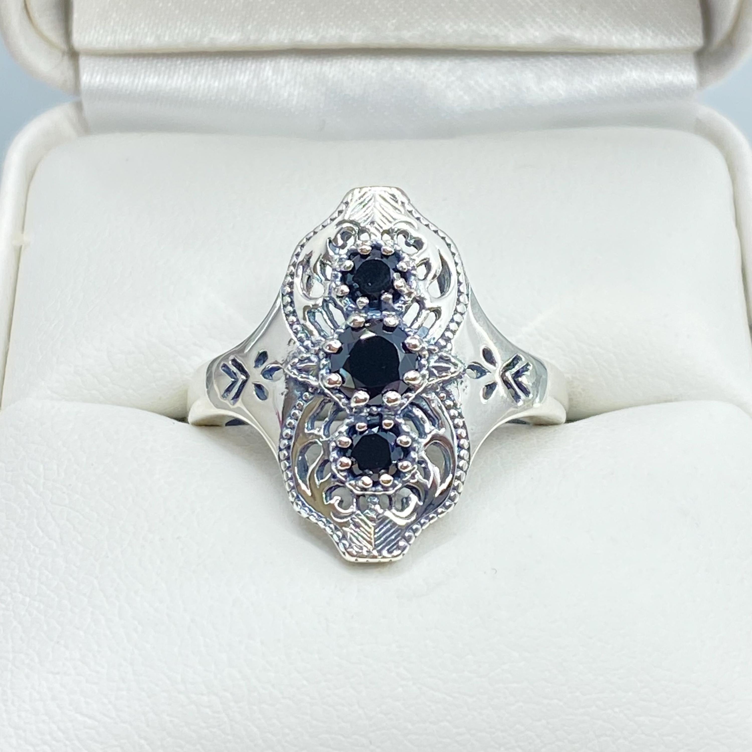 ブラックCZスターリングシルバーリング：アールデコギャツビー