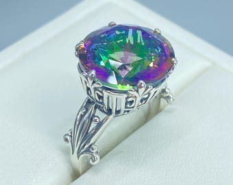 Anello Cuore Argento Con Topazio Mistico Arcobaleno E Fuoco Opale Bianco - Taglie 7-10