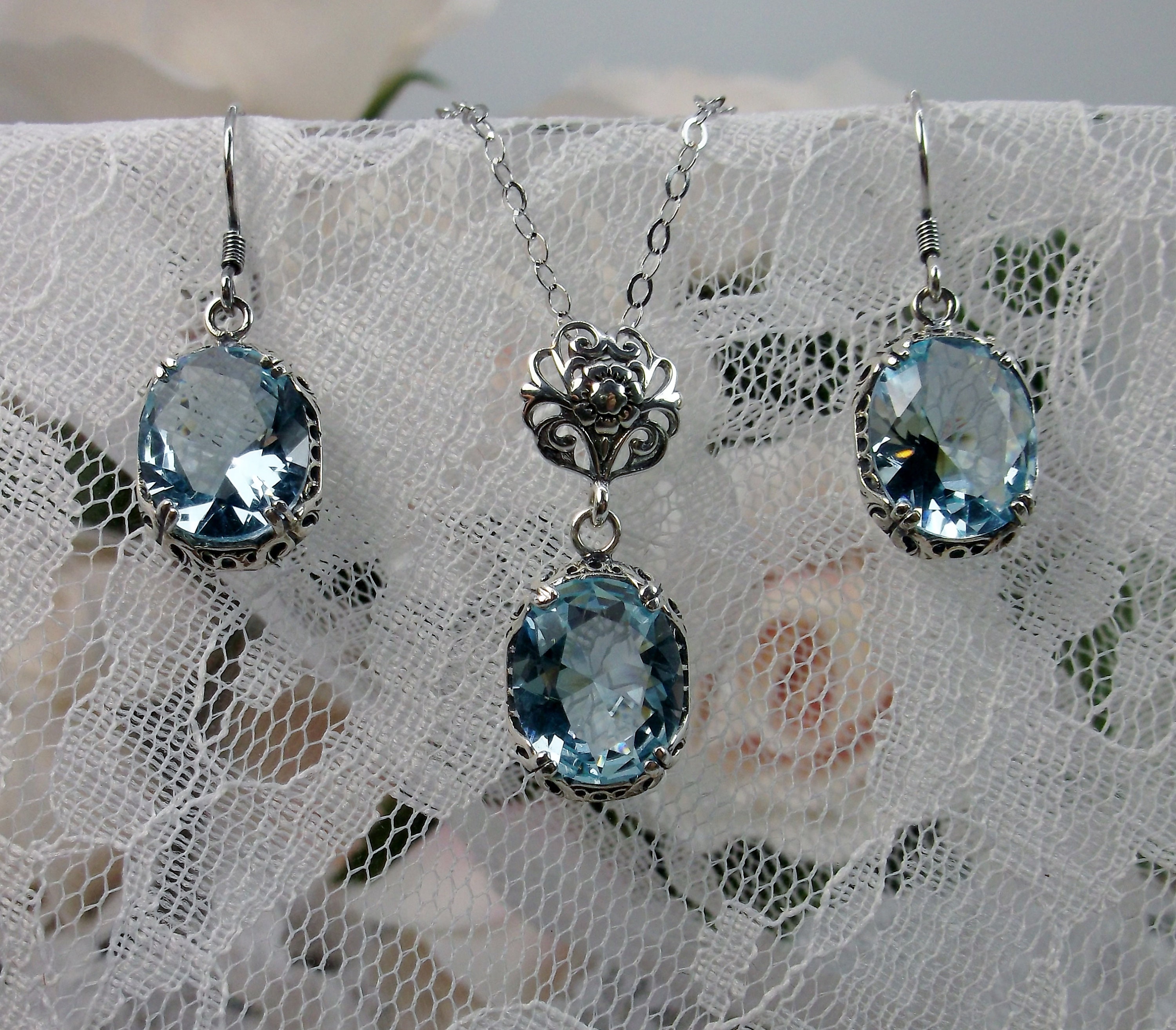 Aquamarine Necklace & Earring Set in 9k White Gold surrounded by Diamonds -  Crown Family Jewellers