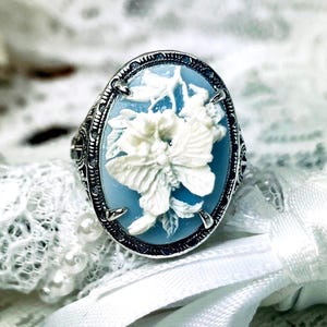 Cameo Ring/ Butterfly, Rose Flower, Lady Silhouette, Sterling Silver Victorian/Deco Filigree [Made To Order] Antique Design#230 image 2
