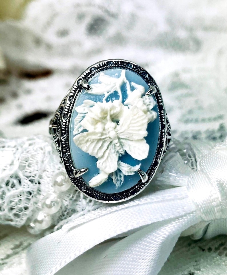 Cameo Ring/ Butterfly, Rose Flower, Lady Silhouette, Sterling Silver Victorian/Deco Filigree [Made To Order] Antique Design#230 image 2
