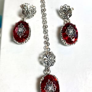 Save 10% on Jewelry Set, Ruby Red Earrings & Necklace Set, Simulated Gem Moissanite inset Sterling Silver Filigree [Made To Order]#S70e