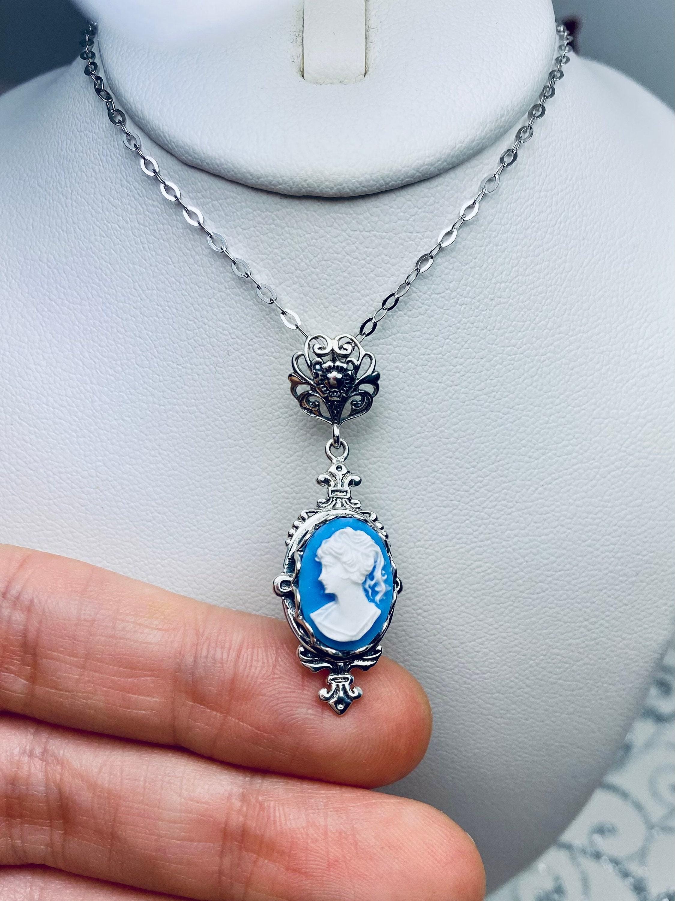 Cameo Blue & White Lady Silhouette Flower Necklace/ Sterling