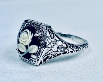 Cameoring zwart-witte roos camee | Kies kleuren Victoriaans sterlingzilver filigraan/romantische vintagestijl [Made To Order] Design #417