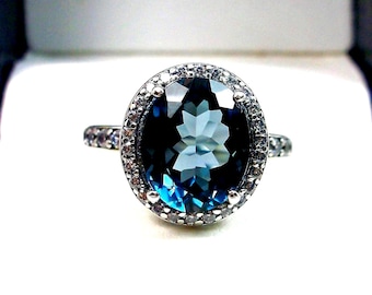 London Blue Ring 3.ct Oval Topaz w/Pavé Halo Accents Sterling Silver Filigree [Made To Order] Design#228