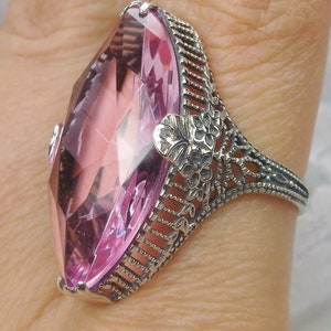 Pink Topaz Ring/ Solid Sterling Silver/ 13ct Marquise Cut Simulated Pink Topaz Victorian Palisade Floral Filigree [Made To Order] Design#39