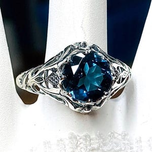 Natural London Topaz Ring, Sterling Silver, 1.8ct Blue Gemstone Victorian Floral Daisy Filigree [Custom Made] Design#66