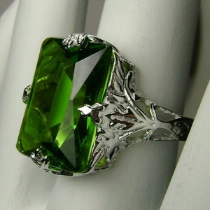 Peridot Ring Size 8 / Solid Sterling Silver/ 10ct Rectangle Simulated Green Peridot Art Deco Filigree Ring [Ship NOW] Design#15